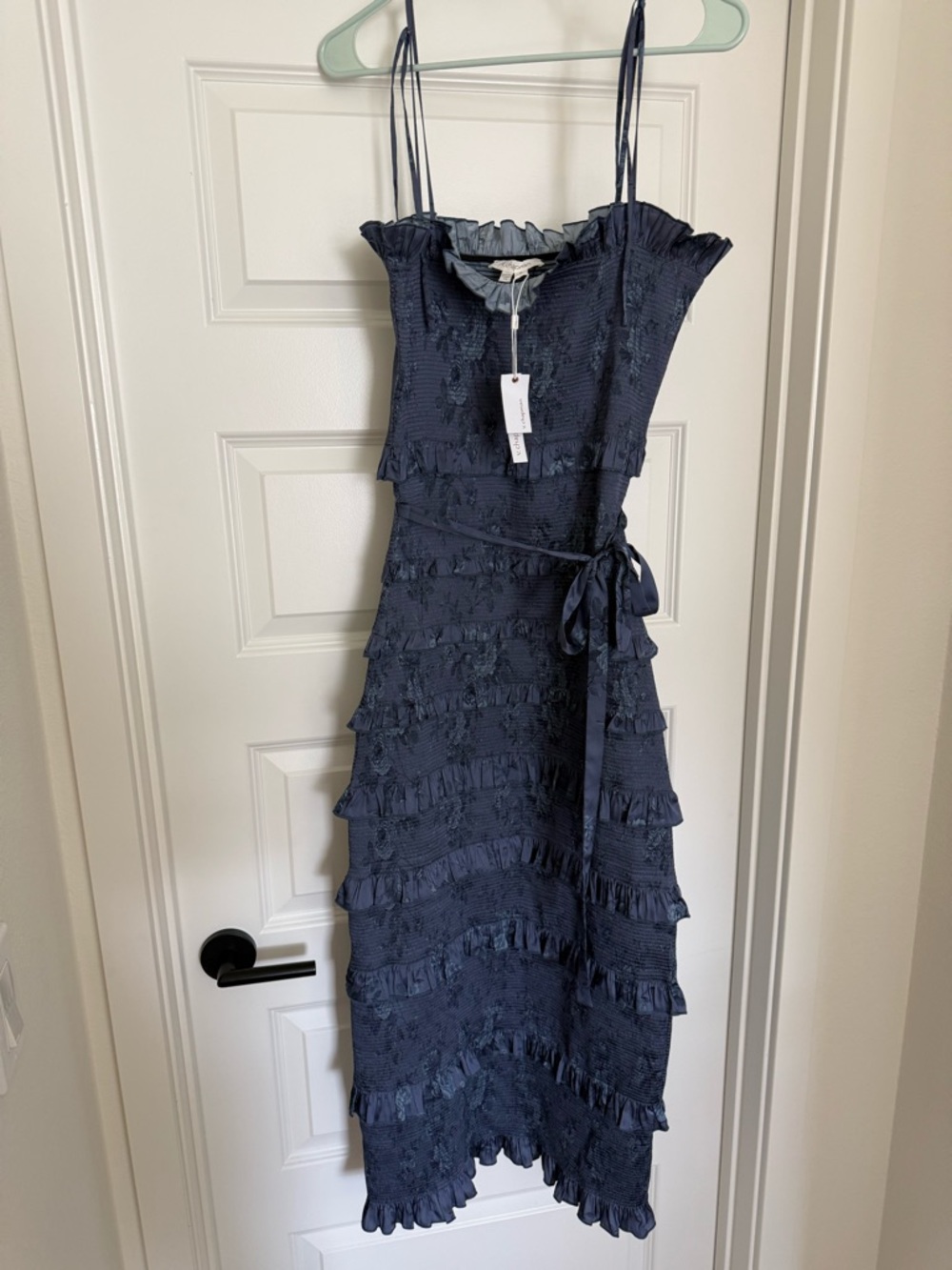 NWT V. Chapman Navy Blue Bouquet Lily Ruched and Ruffled Stretch Midi Dress 8